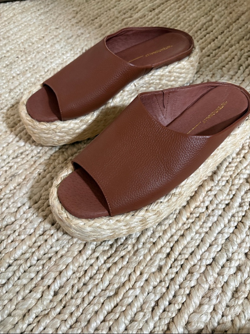 INTENTIONALLY BLANK Brown Leather Platform Espadrille Slide
